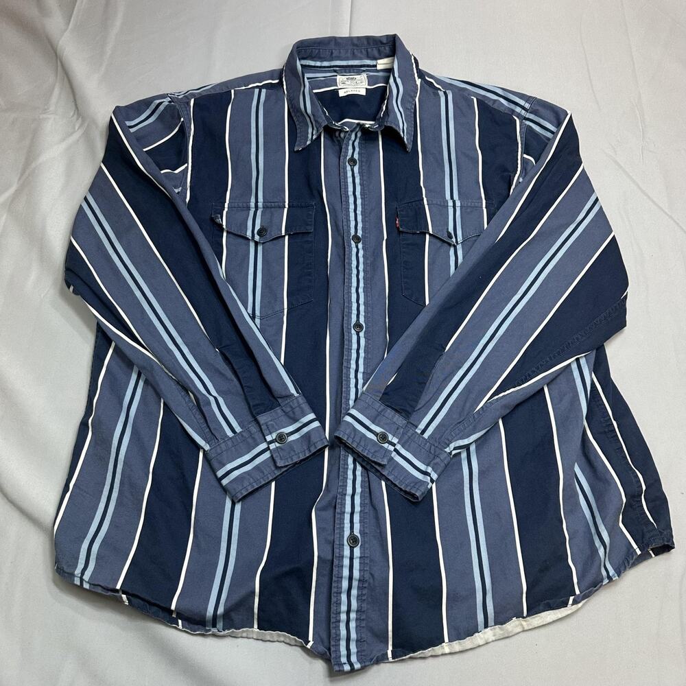 Levi's Shirt Mens XL Blue Stripe Relaxed Fit Western Double Pocket Rodeo Cowboy